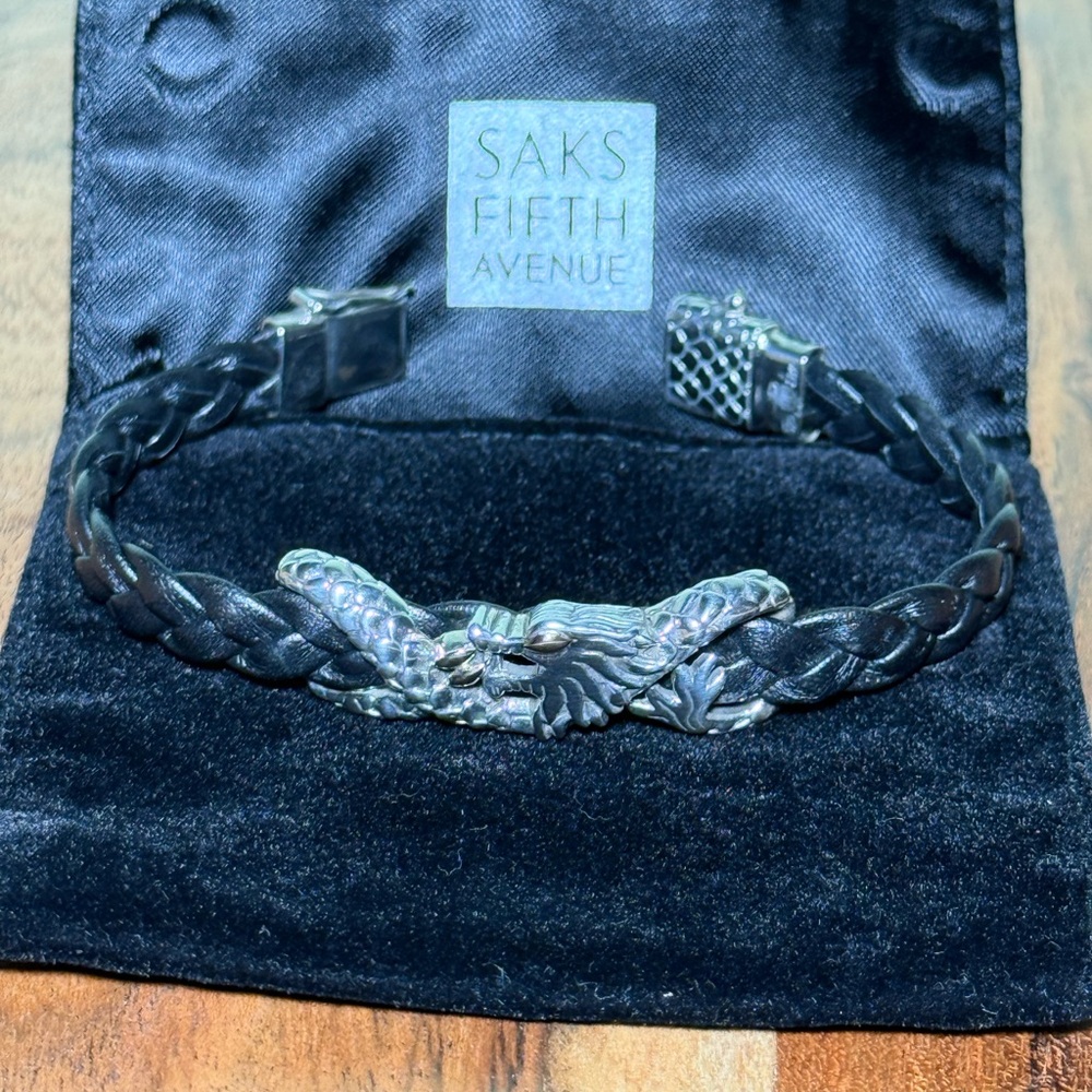 JOHN HARDY .925 w/ 18k gold, Woven Black Leather NAGA Wrapped Dragon Bracelet